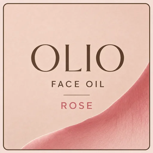 OLIO face oil label in blush and brown with a rose-petal curve.