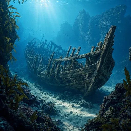 An old timber shipwreck with exposed ribs rests in a sandy underwater hollow amid cool blue water.