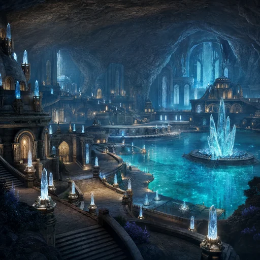 An underground city curves around a glowing blue lake, with stone terraces and crystal-lit cavern vaults.