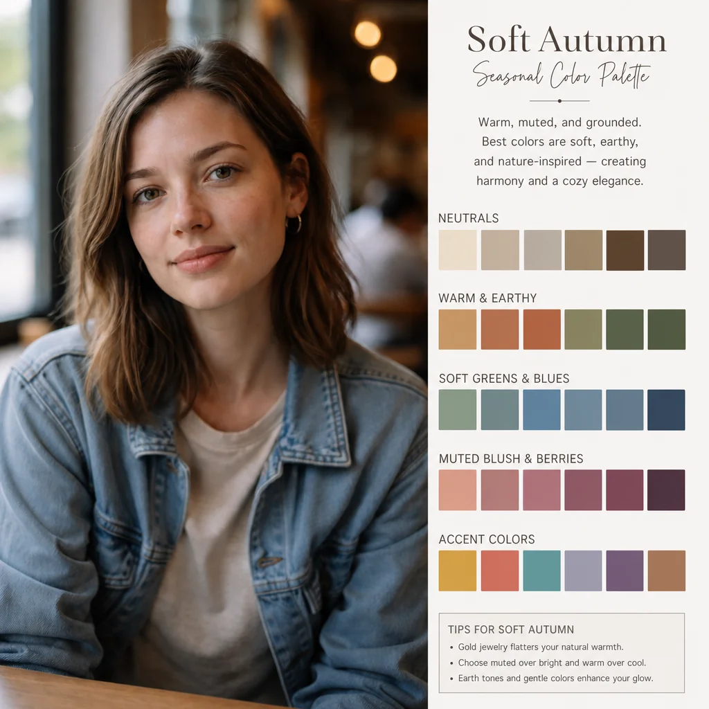 Seasonal palette beside the unchanged recognizable denim-jacket portrait, with separate organized color swatches.
