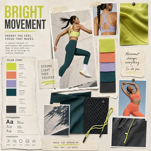 Bright Movement activewear moodboard with vivid athletic imagery and textile swatches.