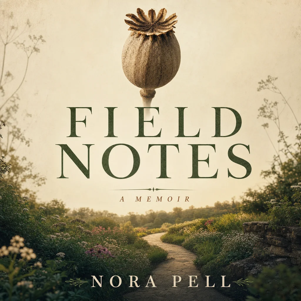 Field Notes cover by Nora Pell with a seed pod above a winding garden path and added A Memoir wording.