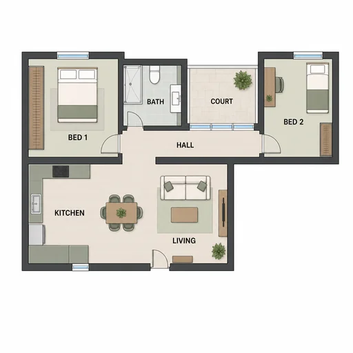 L-shaped two-bedroom floor plan around a courtyard, with bedrooms across a hall and a combined kitchen, dining and living space below.
