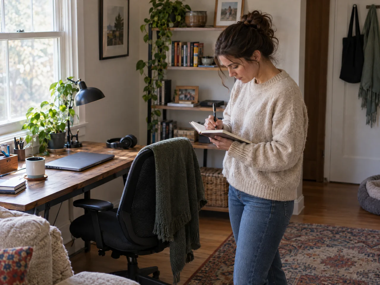 Adult making a note beside a home-office desk and chair, with a laptop, headset, nearby shelf, and clear walking space.