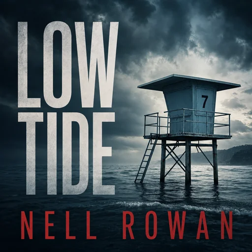 Low Tide by Nell Rowan, with a lifeguard tower above dark ocean water.
