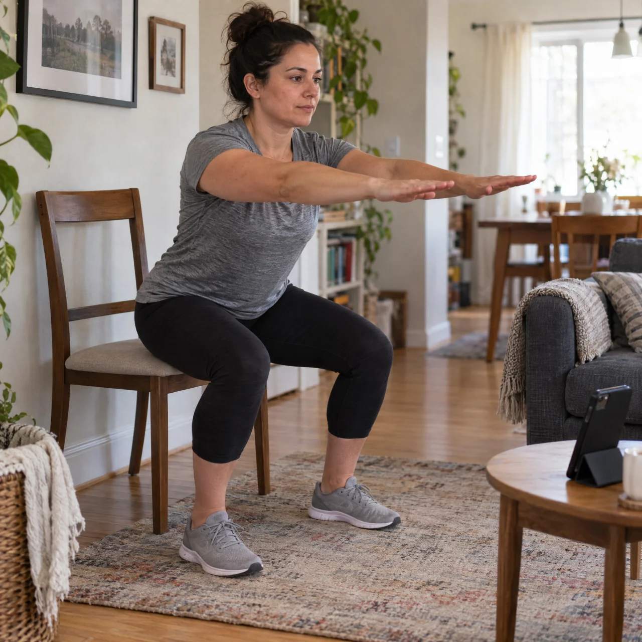 A parent lowers into a chair squat in a small living room, with a phone timer on a side table facing them.