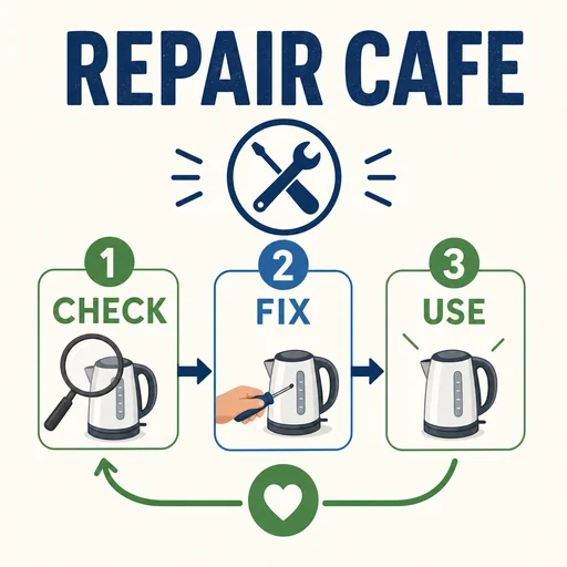 Repair Cafe infographic with Check, Fix and Use stages.