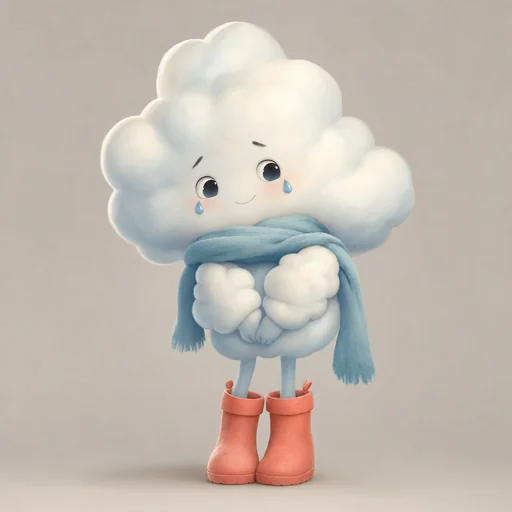A bashful cloud character with coral boots, tiny raindrop cheeks and a gentle smile clasps its hands.