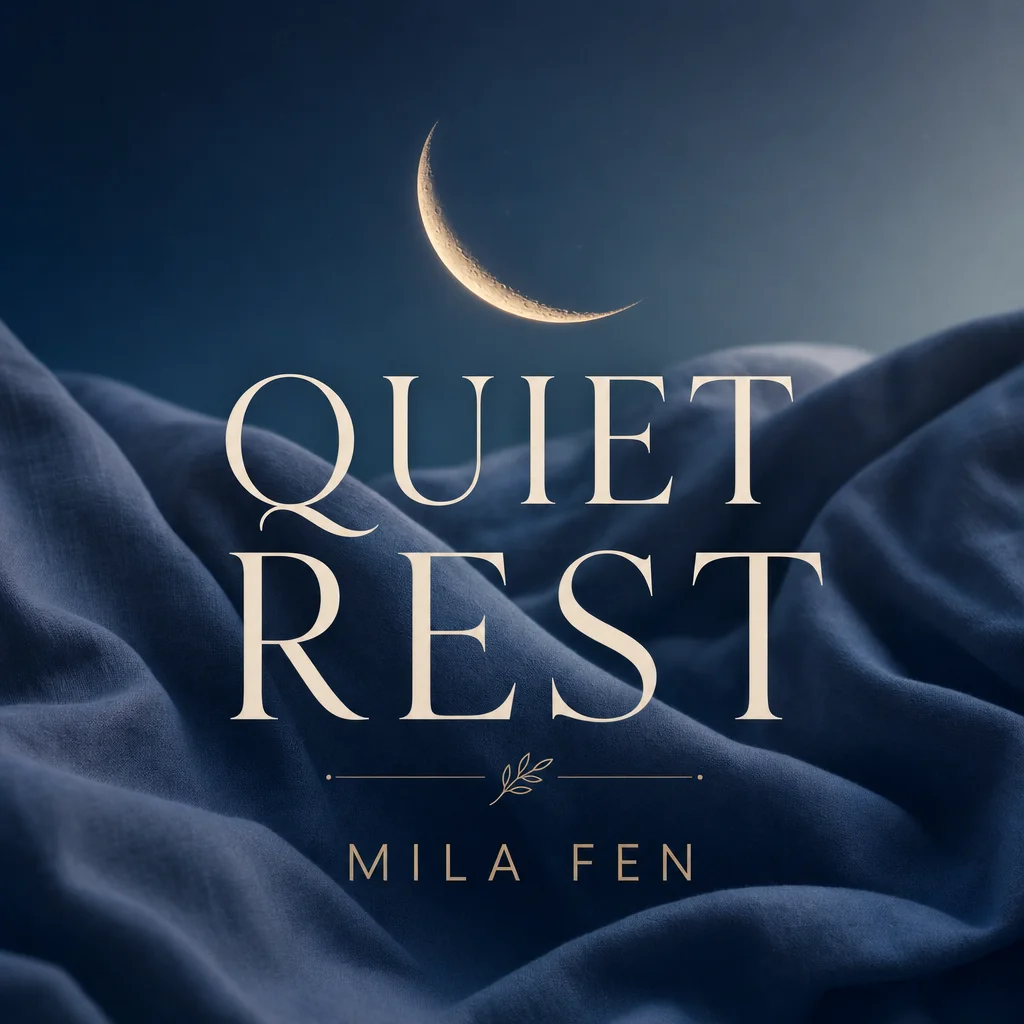 QUIET REST by MILA FEN with a crescent moon over soft navy fabric.