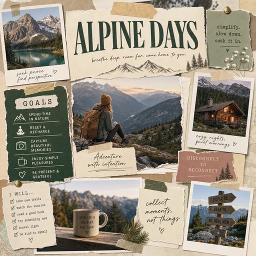 Alpine Days travel vision board with mountain photographs, cabin imagery and clearly grouped peaceful-trip goals.