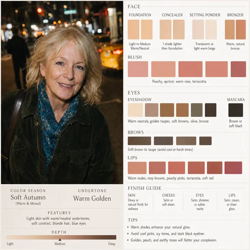 Makeup palette beside the original scarf-and-coat portrait, with labeled complexion, eye and lip swatches.