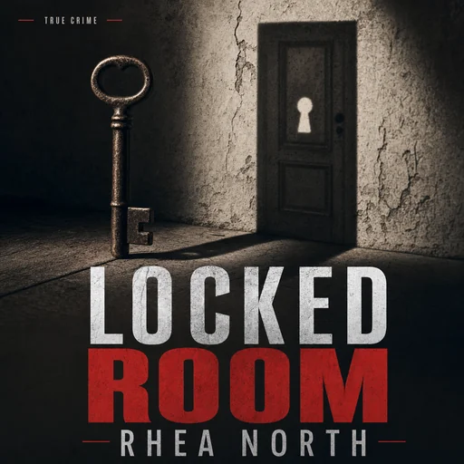 Locked Room cover by Rhea North with an old key, a door-shaped shadow and added True Crime text.
