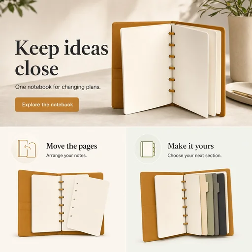One landing screen with exact seven supplied strings and two correctly paired supporting sections; open ochre notebook has blank removable pages and no branding.