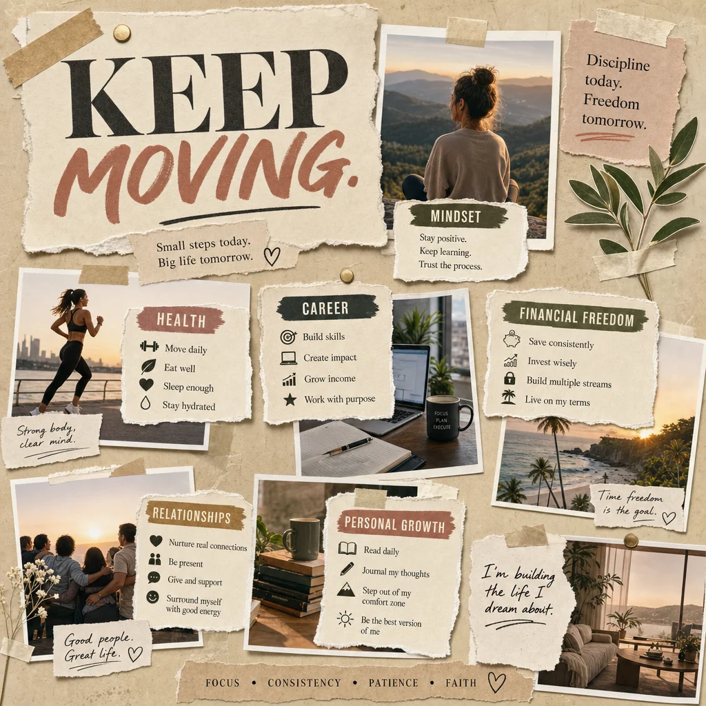A KEEP MOVING vision board with personal growth goals.