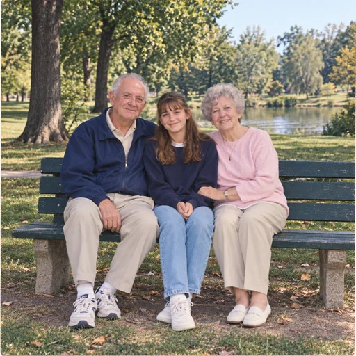Grandparents and their granddaughter on a park bench in a restored color photograph.