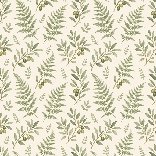 Botanical repeating pattern of sage ferns and olive sprigs on warm cream.