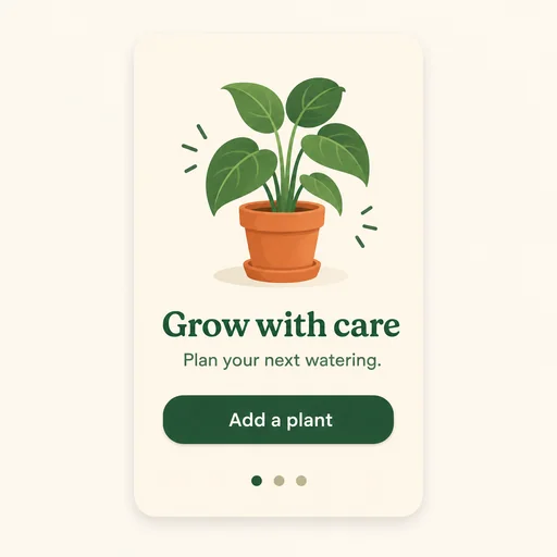 Polished onboarding screen: Grow with care / Plan your next watering. / Add a plant retained verbatim.