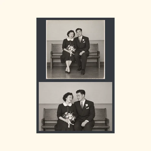 Two complete wedding photos stacked vertically in their original order, preserving both full images.