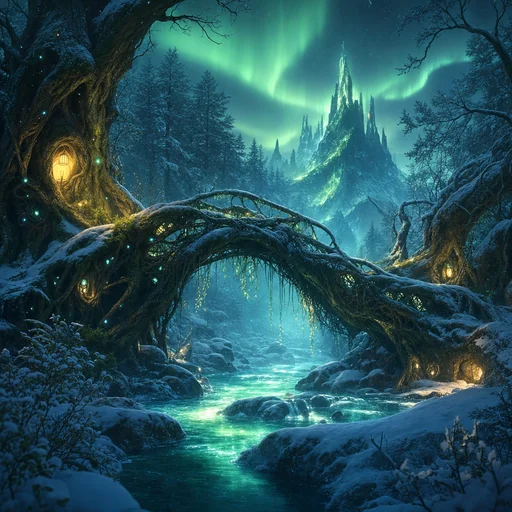 A living-root bridge crosses a glowing stream in a snowy fantasy forest beneath a green aurora.