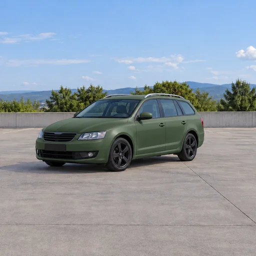 Station wagon with a matte green wrap and black wheels on a concrete parking deck with hills behind it.