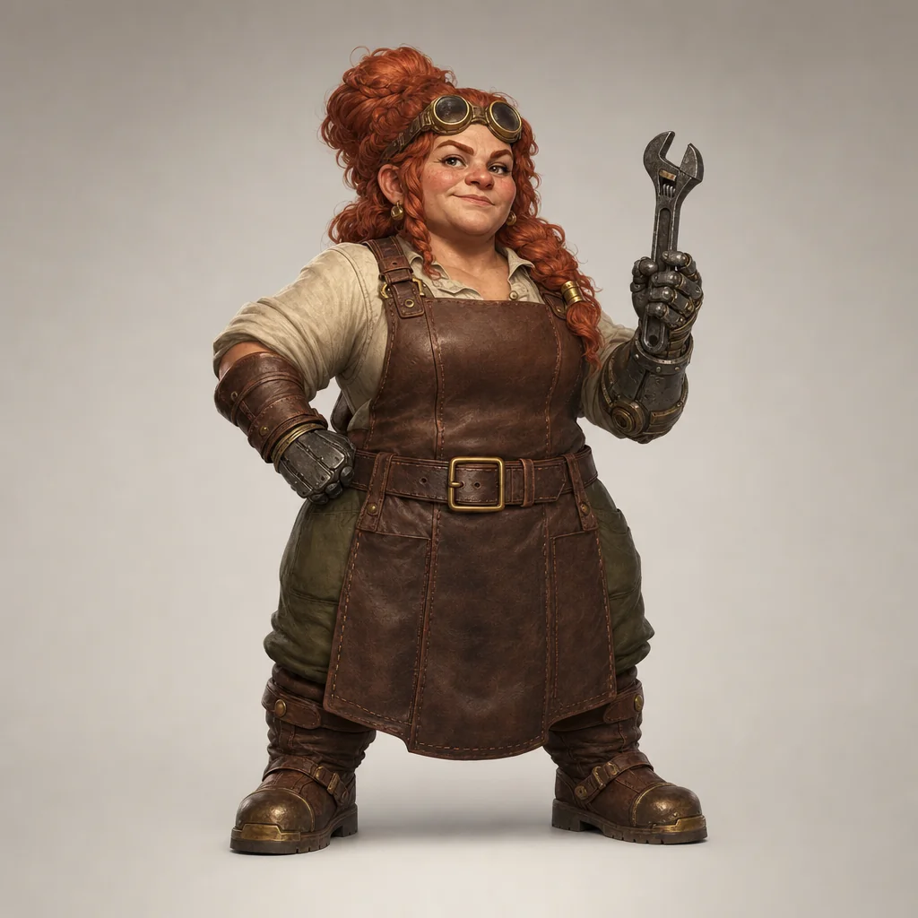 A red-haired dwarven engineer wearing goggles and a leather apron holds one wrench with empty apron pockets.