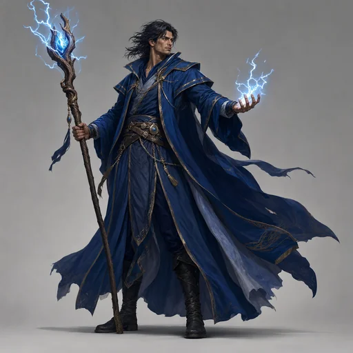 A tall human storm mage in flowing deep-blue robes holds a wooden staff glowing with blue lightning.