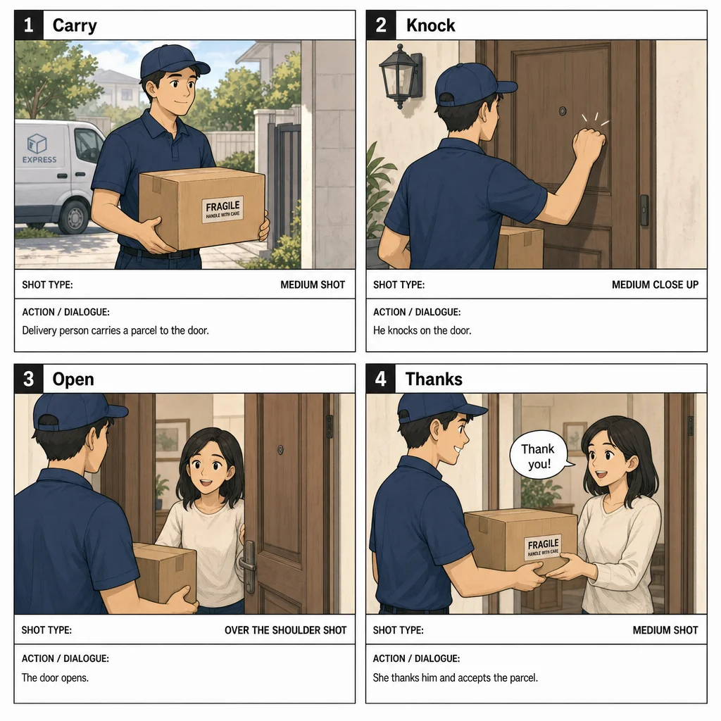 Four-frame kind parcel delivery storyboard with Carry, Knock, Open and Thanks stages.
