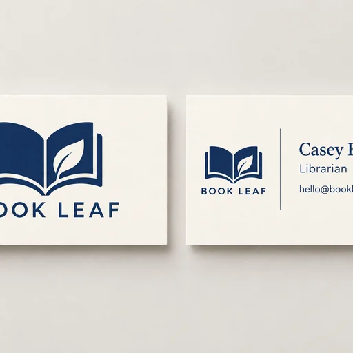 BOOK LEAF two-sided business card with navy book-and-leaf logo and Casey Brook contact details.