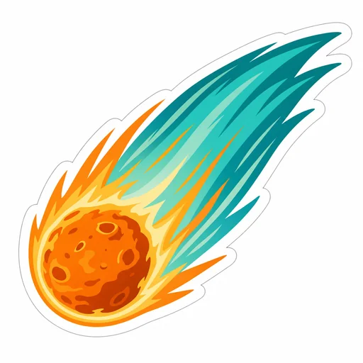 An orange comet laptop sticker with a sweeping teal tail and a clean white die-cut margin on a plain white background.