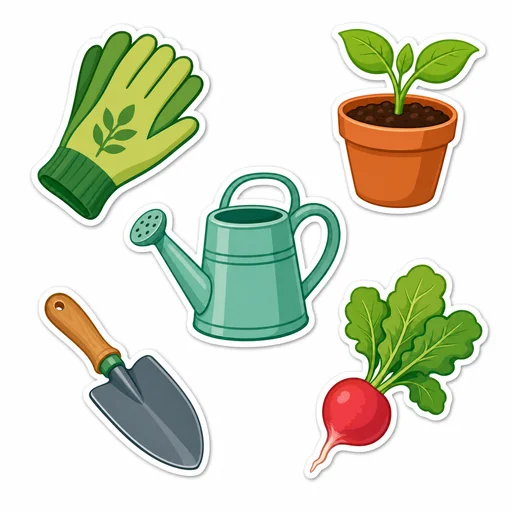 Five fresh-color gardening stickers.