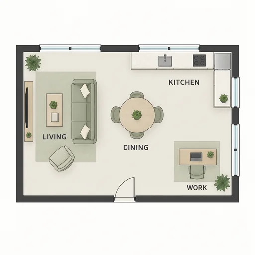 Source 1 for Open-plan floor layout: square open plan central dining.