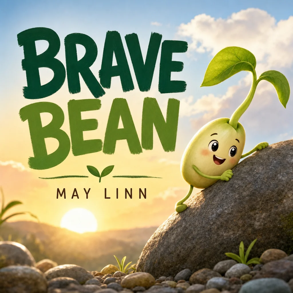 Brave Bean cover by May Linn showing a smiling bean sprout climbing a pebble in warm sunlight.
