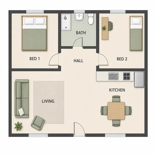 Unmeasured two-bedroom home floor plan with a central hall and bath above an open living and kitchen area.