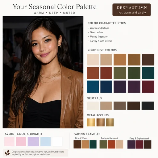 Seasonal palette beside the recognizable original brown-jacket portrait, with separate organized swatches.
