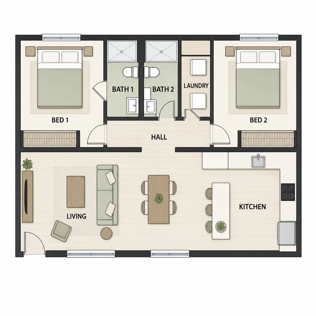 Two-bedroom plan with two bathrooms, a laundry, central hall, and an open living, dining and kitchen area.