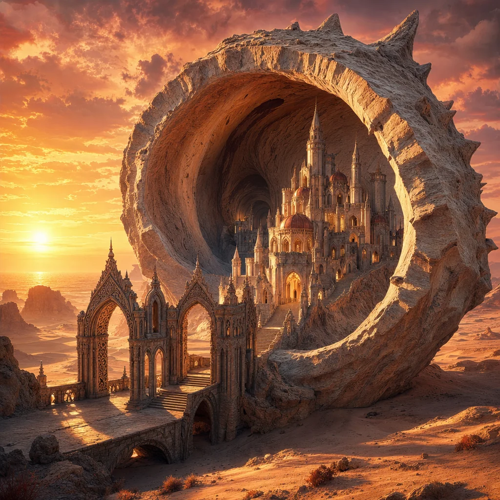 A fantasy castle nestles inside a colossal stone shell in a sunset desert, reached through carved archways.