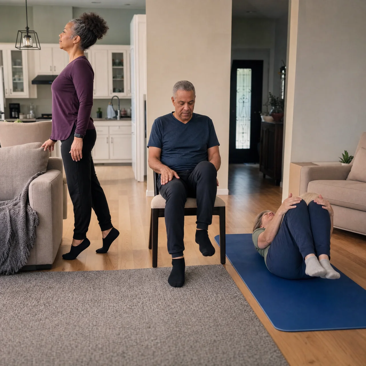 Wide living‑room photo showing three adults side‑by‑side: left standing by a sofa doing a heel raise, center seated on a chair doing a seated march, right on a mat hugging knees — comparing standing, chair, and mat setups for low‑impact movement.