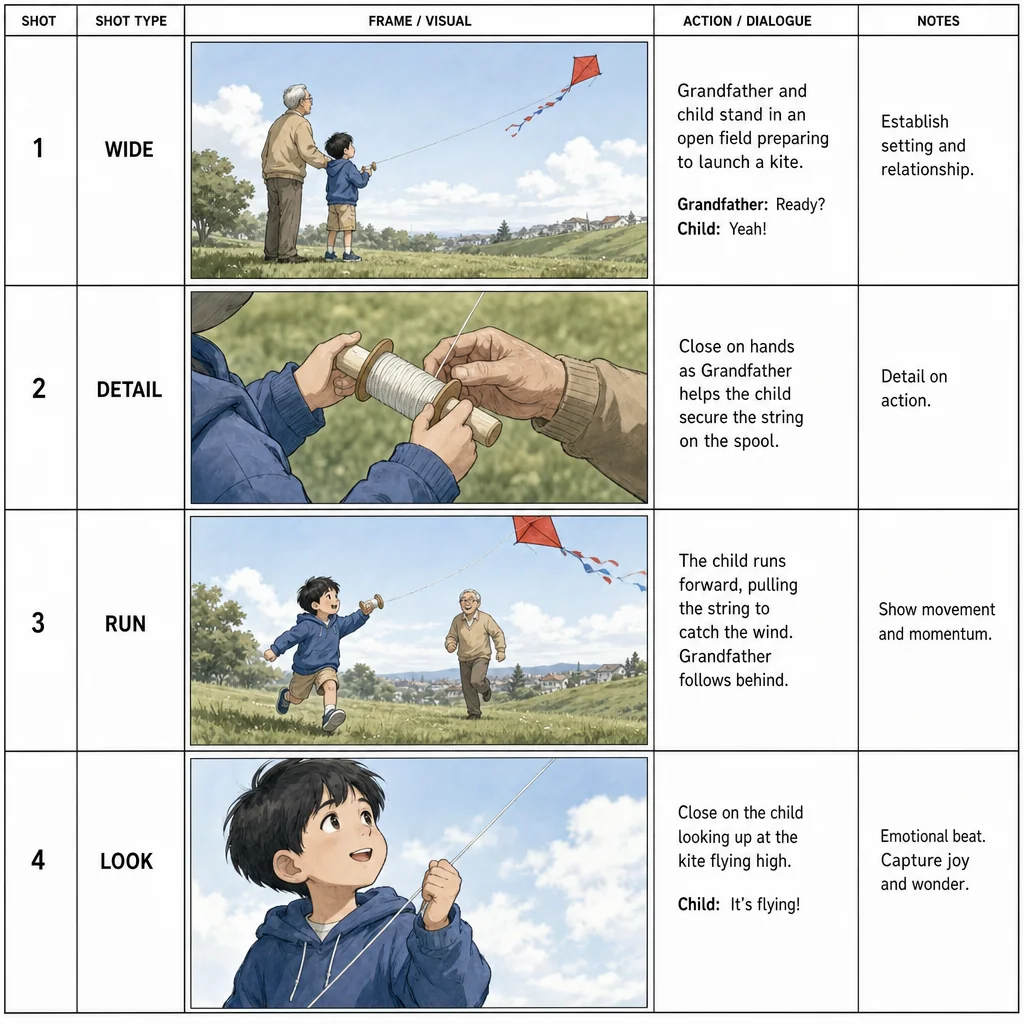 Four storyboard frames show a child and grandfather flying a kite, labeled WIDE, DETAIL, RUN and LOOK.