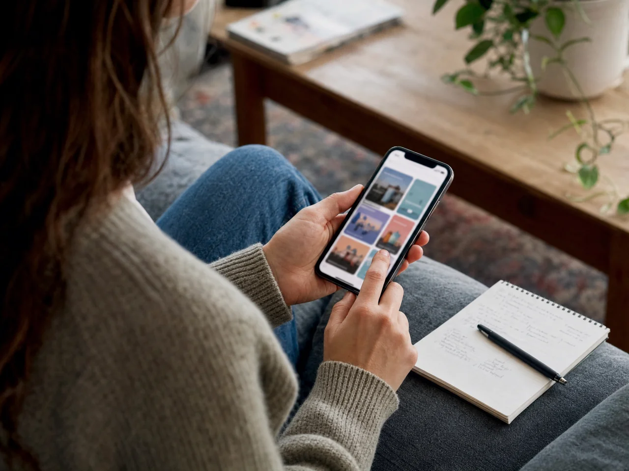 Over-the-shoulder close-up of hands holding a smartphone showing tiled birthday idea cards, with a notepad and pen beside it on a couch arm
