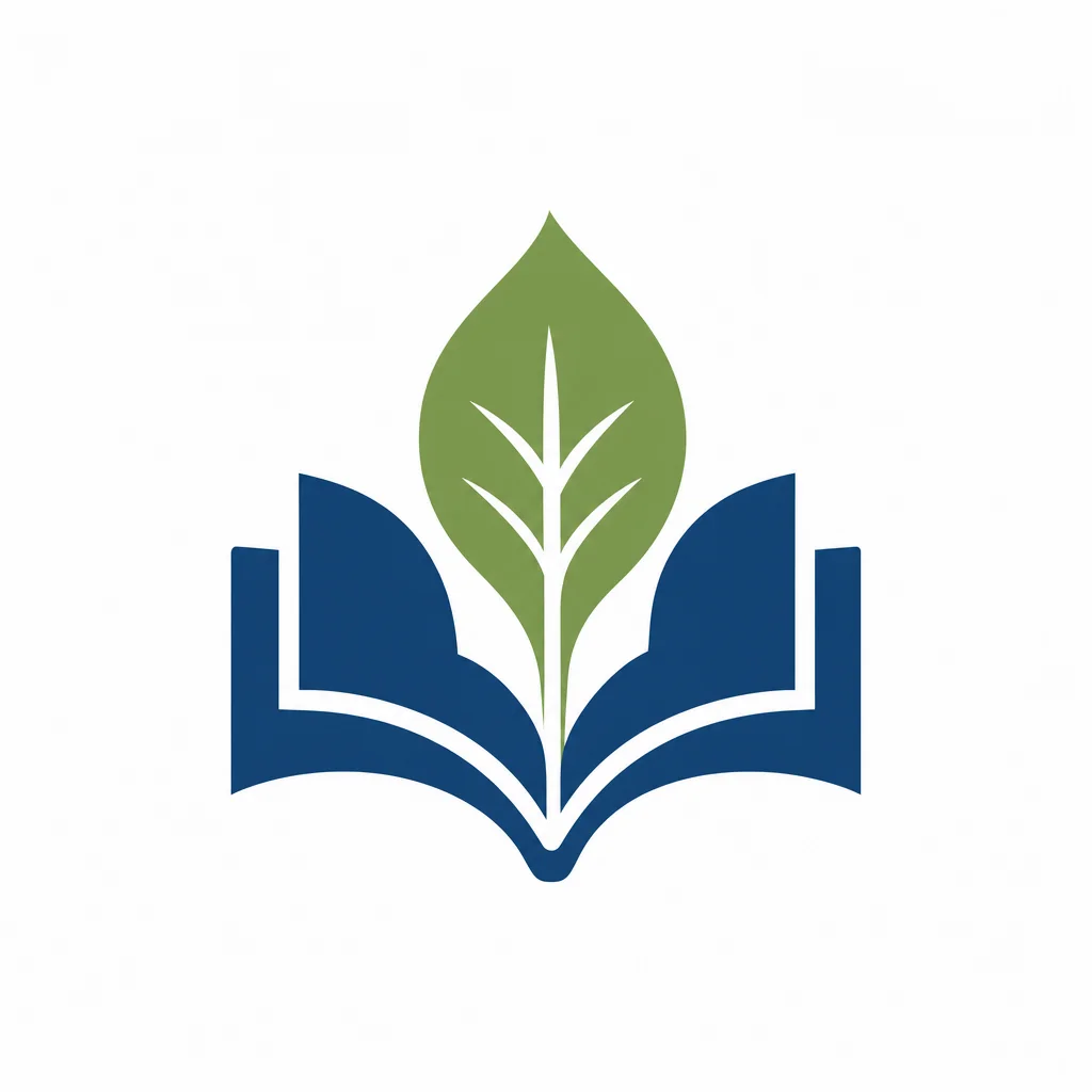 Library logo combining an open blue book and green leaf.