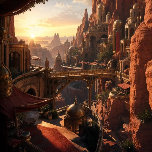 A brass-bridged desert city carved into red cliffs overlooks shaded courtyards at sunrise.