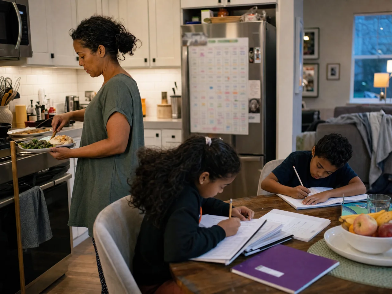 Open kitchen and dining area at evening: a parent plates dinner while two children do homework at the table and a chore chart is visible on the fridge.