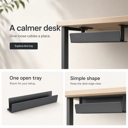 One graphite tray below a desk edge, seven exact supplied strings, one CTA and exactly two correct supporting sections; no electronics or certification icons.