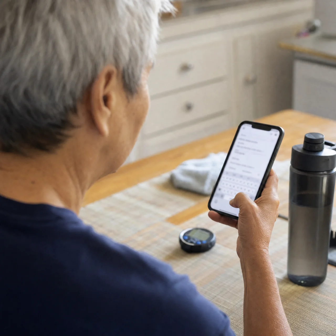 Older adult typing a short workout note on a smartphone held over a small table, phone screen angled and out of focus.