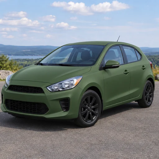Compact hatchback with a matte green wrap and black wheels, parked at a scenic overlook beside a lake.