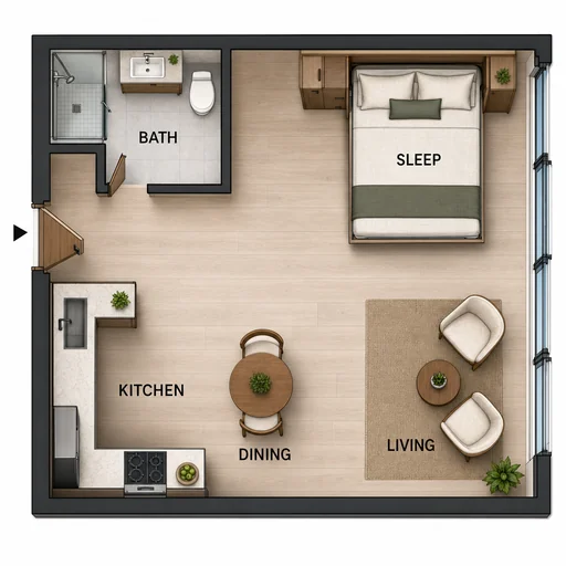 Exact BATH/KITCHEN/DINING/LIVING/SLEEP labels and all fixtures match.