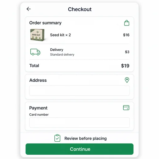 Seed kit checkout with $19 total, empty fields and review guidance.