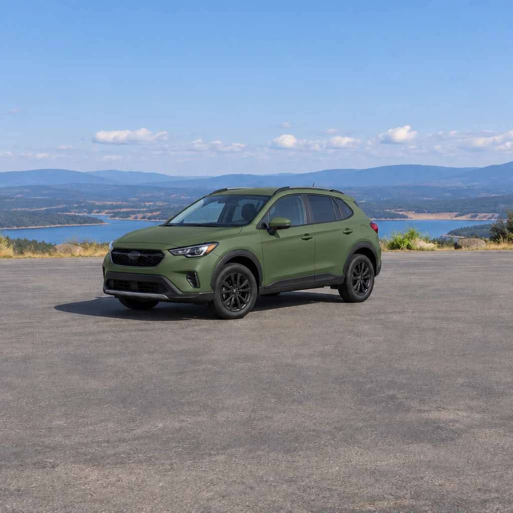 Crossover SUV with a matte green wrap and black wheels parked at a lakeside overlook under a blue sky.