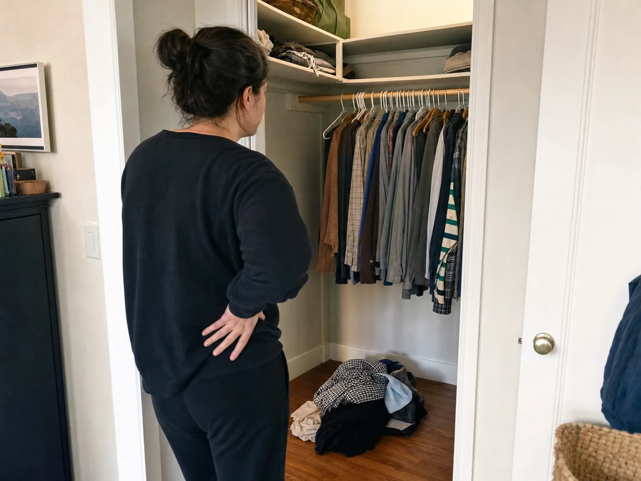 Person standing in a closet doorway looking at a partly cleared closet with a small contained pile on the floor.