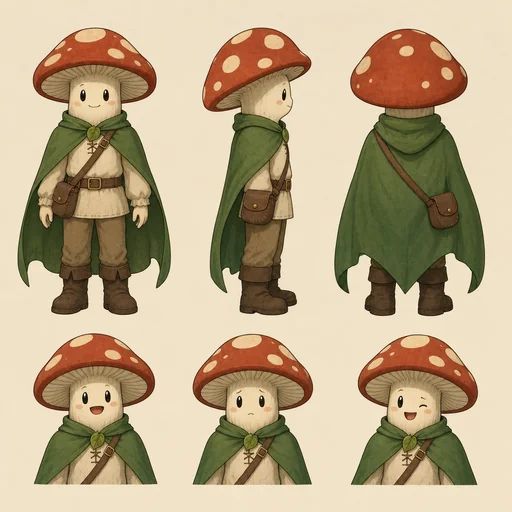 Same mushroom ranger, green cloak and brown pouch on anatomical right throughout front, side and back; three expressions retained.